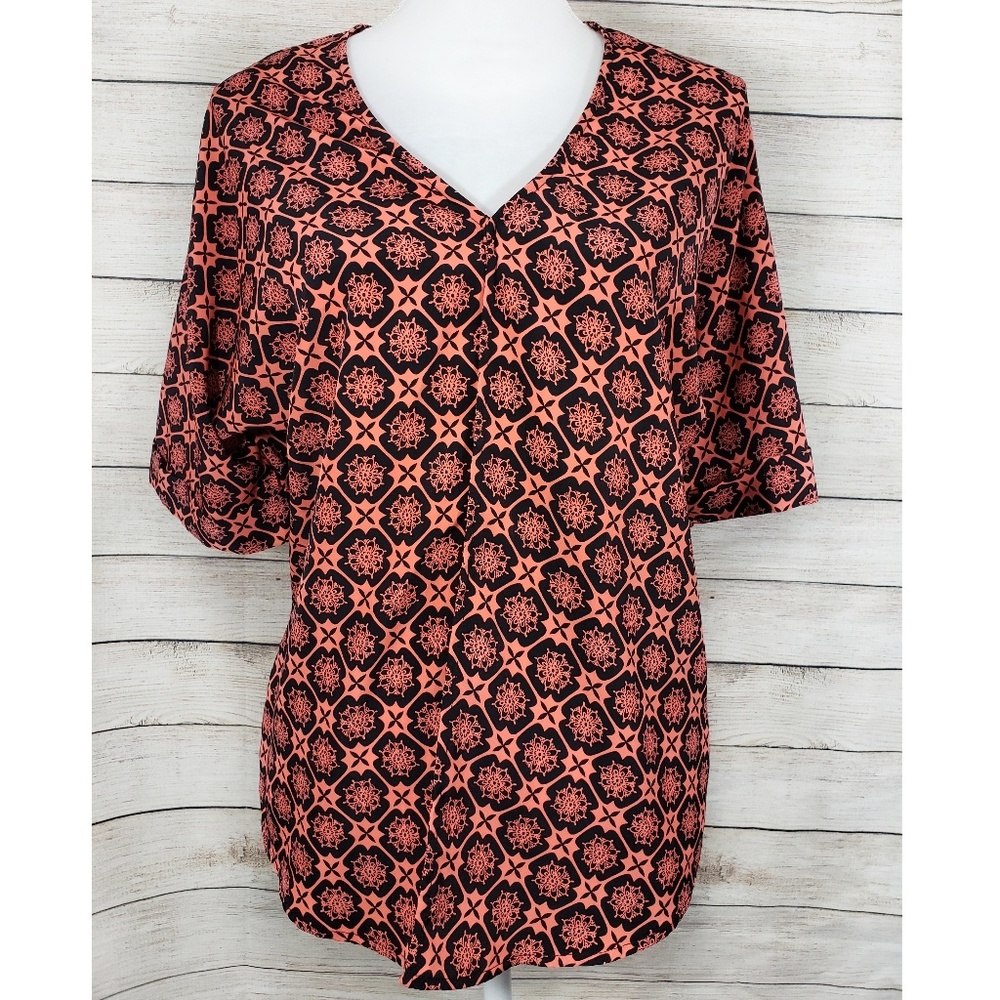 Blue Rain V-Neck Salmon/Black Pattern Silky Blouse